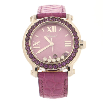 Chopard Happy Sport Round Quartz Watch Stainless Steel and Alligator with Amethyst Bezel and Floating Diamonds and Amtheysts 36