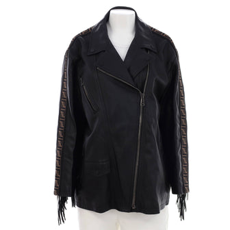 Fendi Women's Fringe Biker Jacket Leather with Zucca Jacquard