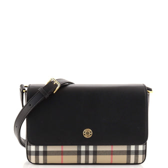 Burberry Hampshire Shoulder Bag Leather and Vintage Check Canvas Small
