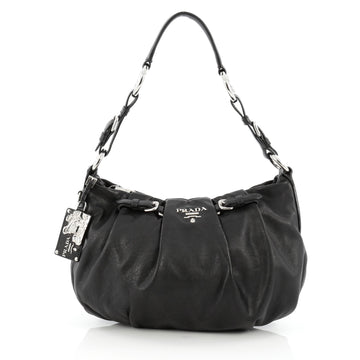 Prada Buckle Pleated Shoulder Bag Soft Calfskin Medium Black