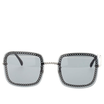Chanel Chain Frame Square Sunglasses with Chain Metal with Leather and Faux Pearls