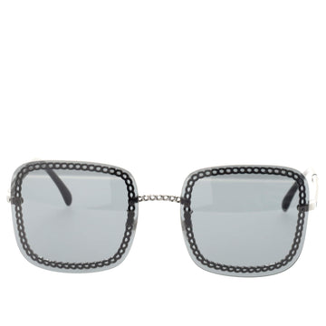 Chanel Chain Frame Square Sunglasses with Chain Metal with Leather and Faux Pearls