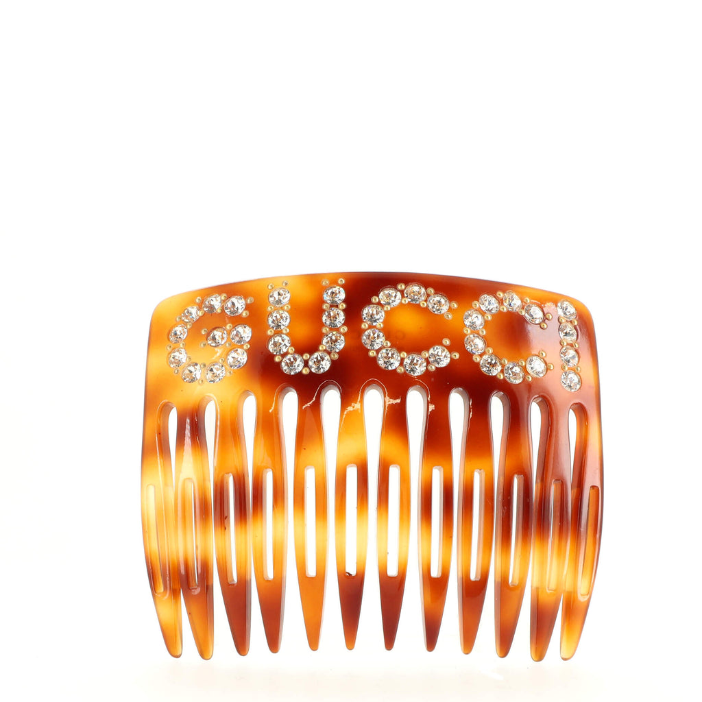 Gucci Logo Hair Comb Crystal Embellished Resin Brown 1664321