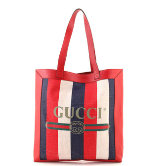 Gucci Logo Tote Striped Canvas and Leather Medium