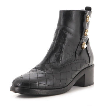 Chanel Women's Pearl Button Ankle Boots Quilted Leather with Faux Pearls