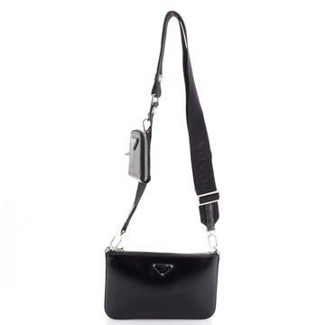 Prada Triangle Logo Plaque Zip Shoulder Bag Spazzolato Leather Small
