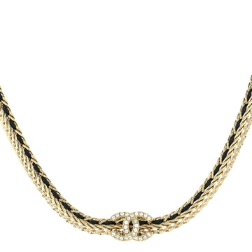 Chanel CC Woven Chain Choker Necklace Metal and Leather with Crystals