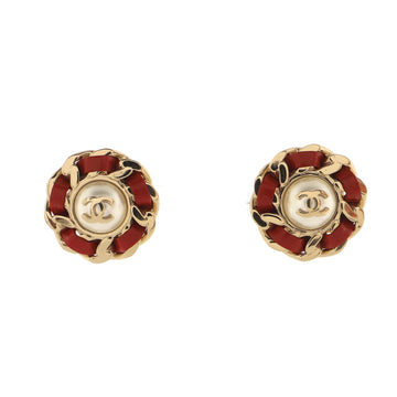 Chanel Round Woven Chain Earrings Metal and Leather with Faux Pearls