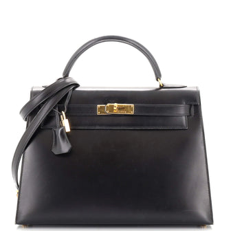 Hermes Kelly Handbag Black Box Calf with Gold Hardware 32