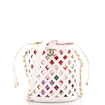 Chanel See Through Drawstring Bucket Bag Perforated Leather with Quilted Printed Canvas Small