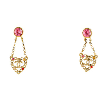 Chanel CC Heart Cut Out Dangle Earrings Metal with Faux Pearls and Crystals