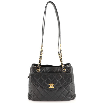 Chanel Vintage Front Pocket Shoulder Bag Quilted Caviar Large