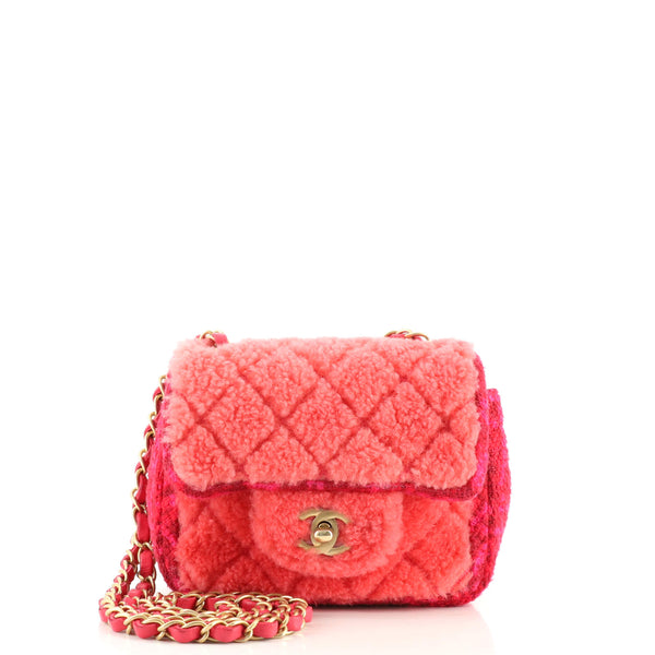 CHANEL Shearling Tweed Quilted Mini Square Flap Bag Pink | FASHIONPHILE