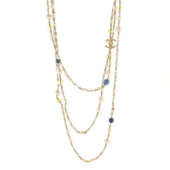 Chanel CC Triple Strand Necklace Metal and Faux Pearls with Beads