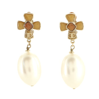 Chanel CC Cross Teardrop Clip-On Earrings Metal with Gripoix and Faux Pearls