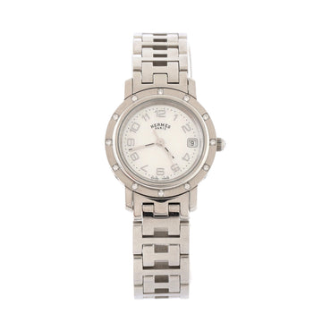 Hermes Clipper Quartz Watch Stainless Steel with Mother of Pearl and Diamond Bezel 23