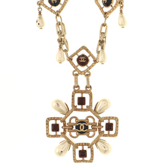 Chanel CC Cross and Teardrop Pendant Necklace Metal with Faux Pearl and Gripoix Long