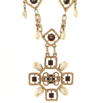 Chanel CC Cross and Teardrop Pendant Necklace Metal with Faux Pearl and Gripoix Long