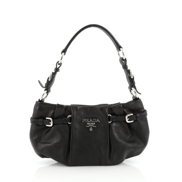 Prada Buckle Pleated Shoulder Bag Soft Calfskin Small Black