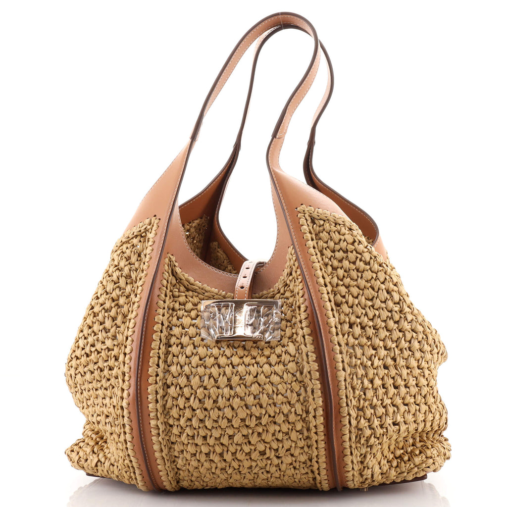 Tod's Timeless Shopping Bag Woven Raffia and Leather Medium Brown