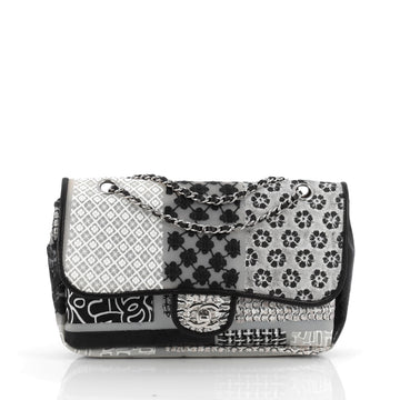 Chanel Classic Single Flap Bag Printed PVC and Tweed Medium black