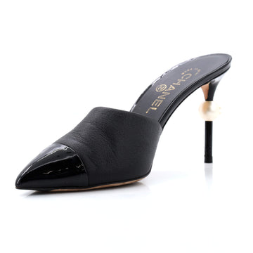 Chanel Women's Pointed Toe Single Pearl Heeled Mules Leather with Faux Pearls
