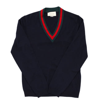 Gucci Men's Web V Neck Pullover Sweater Wool