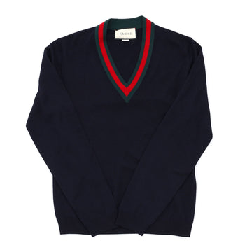 Gucci Men's Web V Neck Pullover Sweater Wool