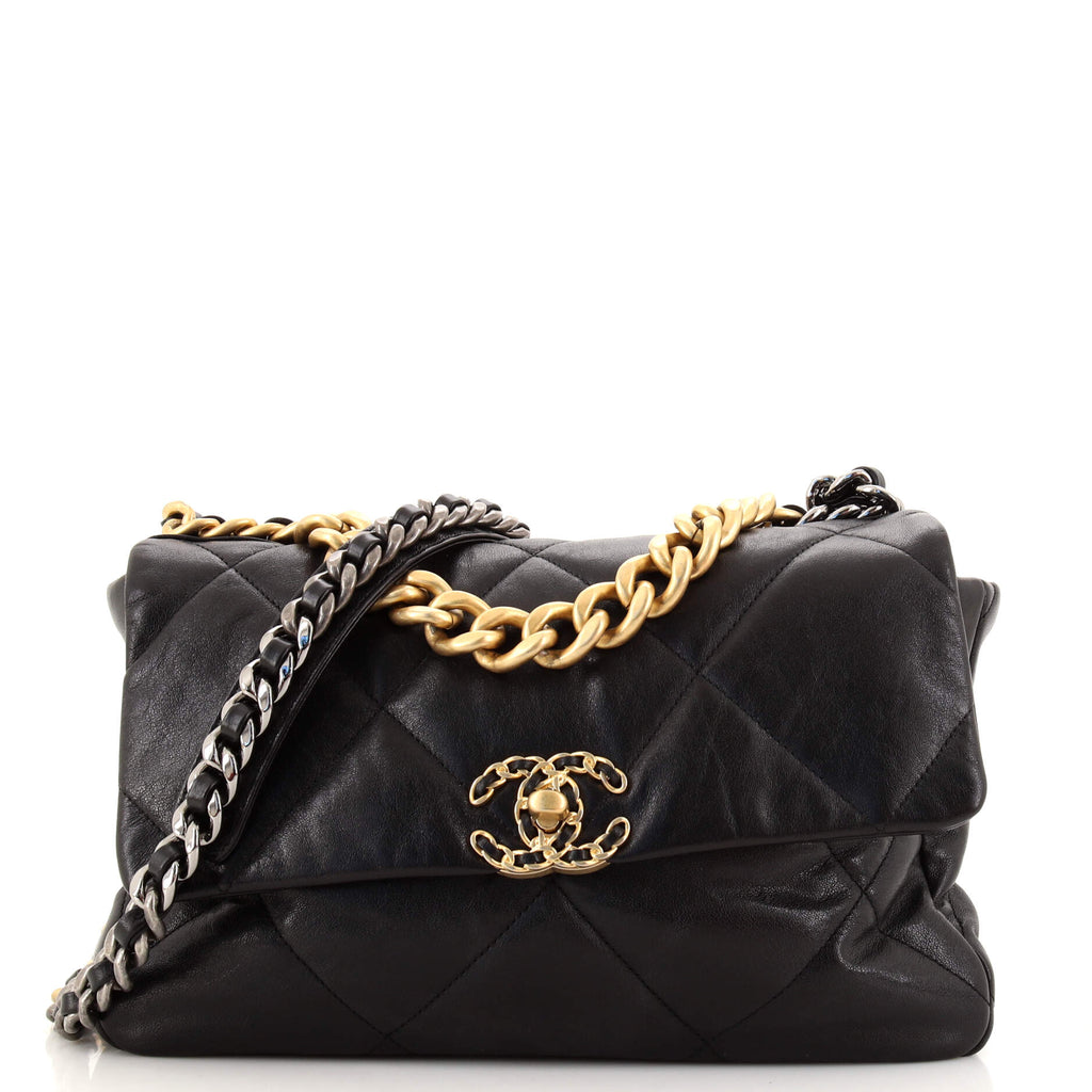 Chanel Black Quilted Goatskin Medium 19 Flap Gold Hardware, 2019 (Very Good), Womens Handbag