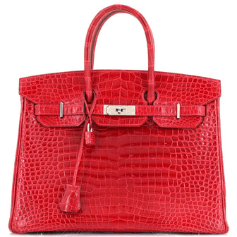 Birkin Handbag Braise Shiny Porosus Crocodile with Palladium Hardware 35