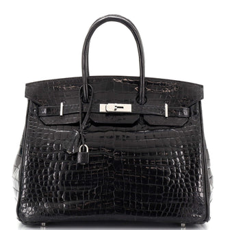 Hermes Birkin Handbag Black Shiny Porosus Crocodile with Palladium Hardware 35