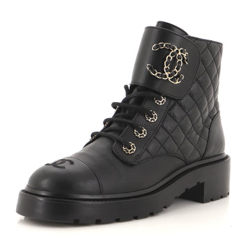 Chanel Women's Chain CC Cap Toe Lace Up Combat Boots Quilted Shiny Calfskin