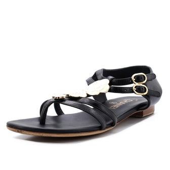 Chanel Women's Camellia Ankle Sandals Leather with Enamel Detail