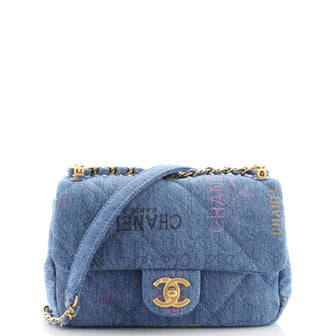 Chanel Denim Mood Flap Bag Logo Printed Quilted Denim Small
