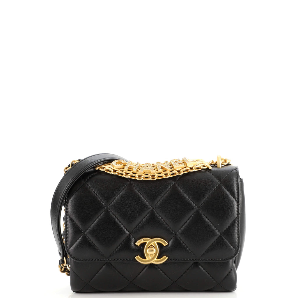 Chanel Crystal Logo Letters Chain Handle Flap Bag Quilted Lambskin Mini  Black 1681893