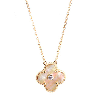 Van Cleef & Arpels Vintage Alhambra Pendant Necklace 18K Yellow Gold and Gold Mother of Pearl with Diamond