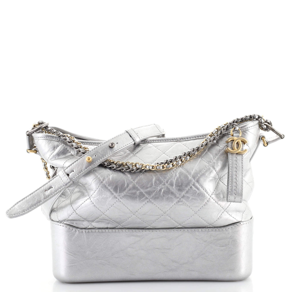 Silver Metallic Quilted Aged Calfskin Small Gabrielle Hobo Bag