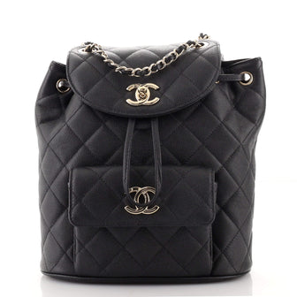 Chanel CC Front Pocket Flap Drawstring Backpack Quilted Caviar