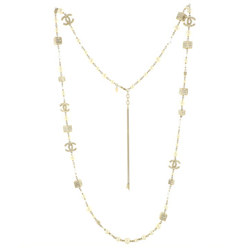 Chanel CC Cube Long Necklace Crystal Embellished Metal and Faux Pearl
