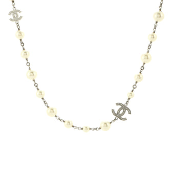 Chanel CC Station Long Necklace Metal with Faux Pearls and Crystals
