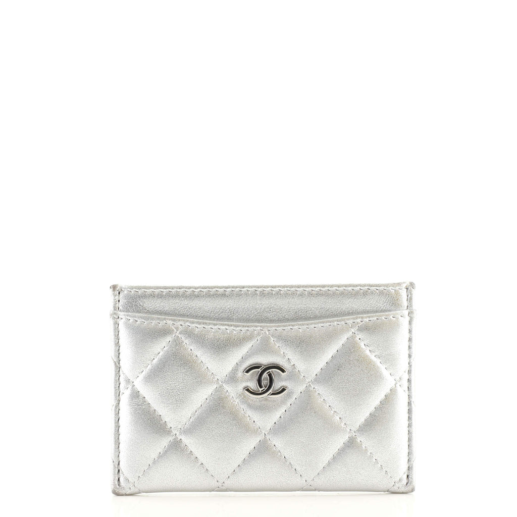 CHANEL Metallic Lambskin Quilted Card Holder Silver 914114