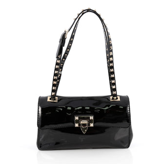 Valentino Rockstud Flip Lock Flap Bag Patent Medium Black