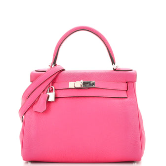 Hermes Kelly Handbag Pink Clemence with Palladium Hardware 28