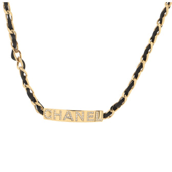 Chanel Logo Plate Chain Choker Necklace Metal and Leather with Crystals