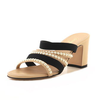 Chanel Women's Pearl Straps Heeled Sandals Leather with Faux Pearls