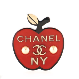 Chanel CC NY Apple Brooch Metal with Resin and Faux Pearls Red 1688356