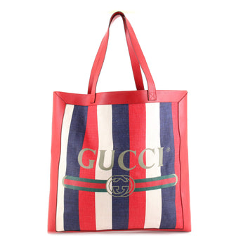 Gucci Logo Tote Striped Canvas and Leather Large