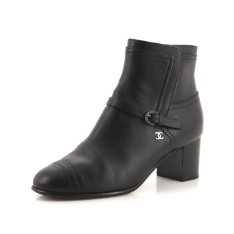 Chanel Women's CC Buckle Belt Cap Toe Ankle Boots Leather