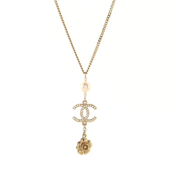 Chanel CC Flower Chain Drop Pendant Necklace Metal with Faux Pearls and Crystals