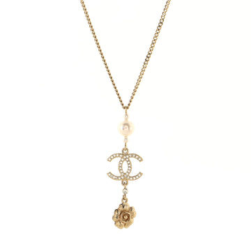 Chanel CC Flower Chain Drop Pendant Necklace Metal with Faux Pearls and Crystals